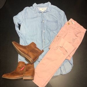 Girls light denim & pink jean brown bootie set